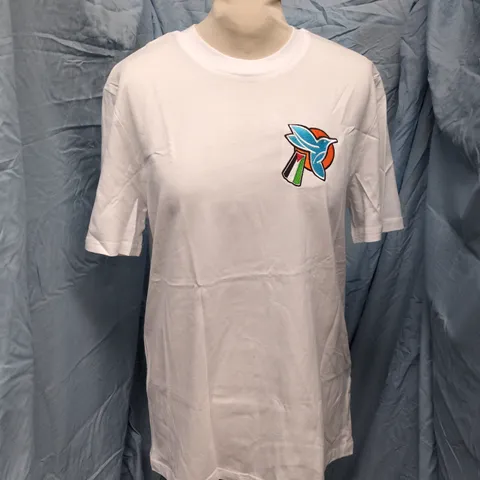 GAZA SUNBIRDS WHITE COTTON T-SHIRT WITH COLOURFUL CHEST LOGO - SIZE S (UK) 