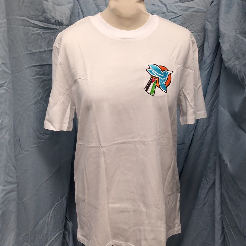GAZA SUNBIRDS WHITE COTTON T-SHIRT WITH COLOURFUL CHEST LOGO - SIZE S (UK)