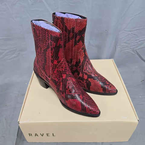 BOXED PAIR OF RAVEL LANGTON RED SNAKE PRINT LEATHER BOOTS - 4