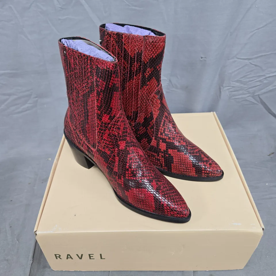 BOXED PAIR OF RAVEL LANGTON RED SNAKE PRINT LEATHER BOOTS - 4 