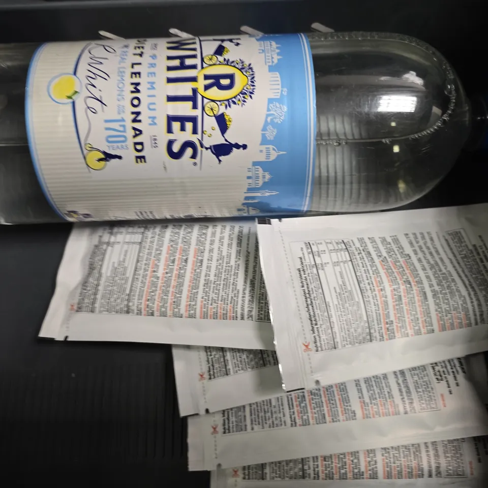 APPROXIMATELY 8 ASSORTED FOOD & DRINK ITEMS TO INCLUDE - LEMONADE , ROBINSONS FRUIT & BARLEY , TESCO SAGE & ONION STUFFING MIX ETC