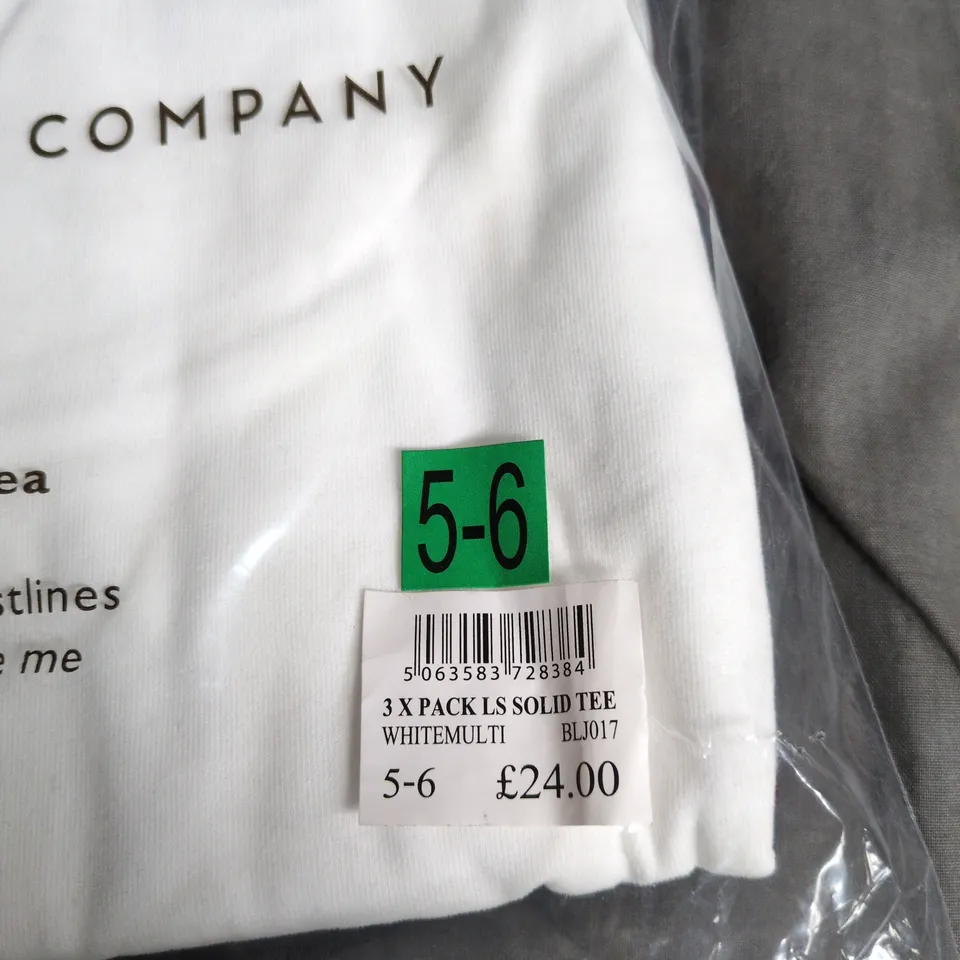 CREW CLOTHING COMPANY KIDS LONG-SLEEVE SOLID TEE – WHITE/MULTI, PACK OF 3, UK 5-6