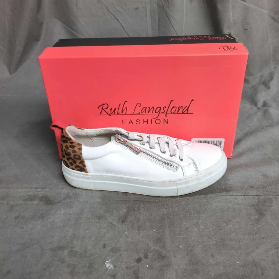 RUTH LANGSFORD FASHION WHITE LEATHER TRAINERS WITH LEOPARD HEEL – UK 5 (EU 38)