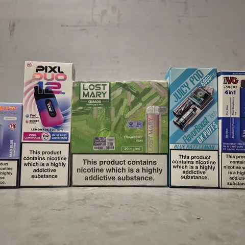 APPROXIMATELY 20 ASSORTED E-CIGARETTE PRODUCTS TO INCLUDE - IVG 2400 , PIXL DUO 12 , LOST MARY ETC