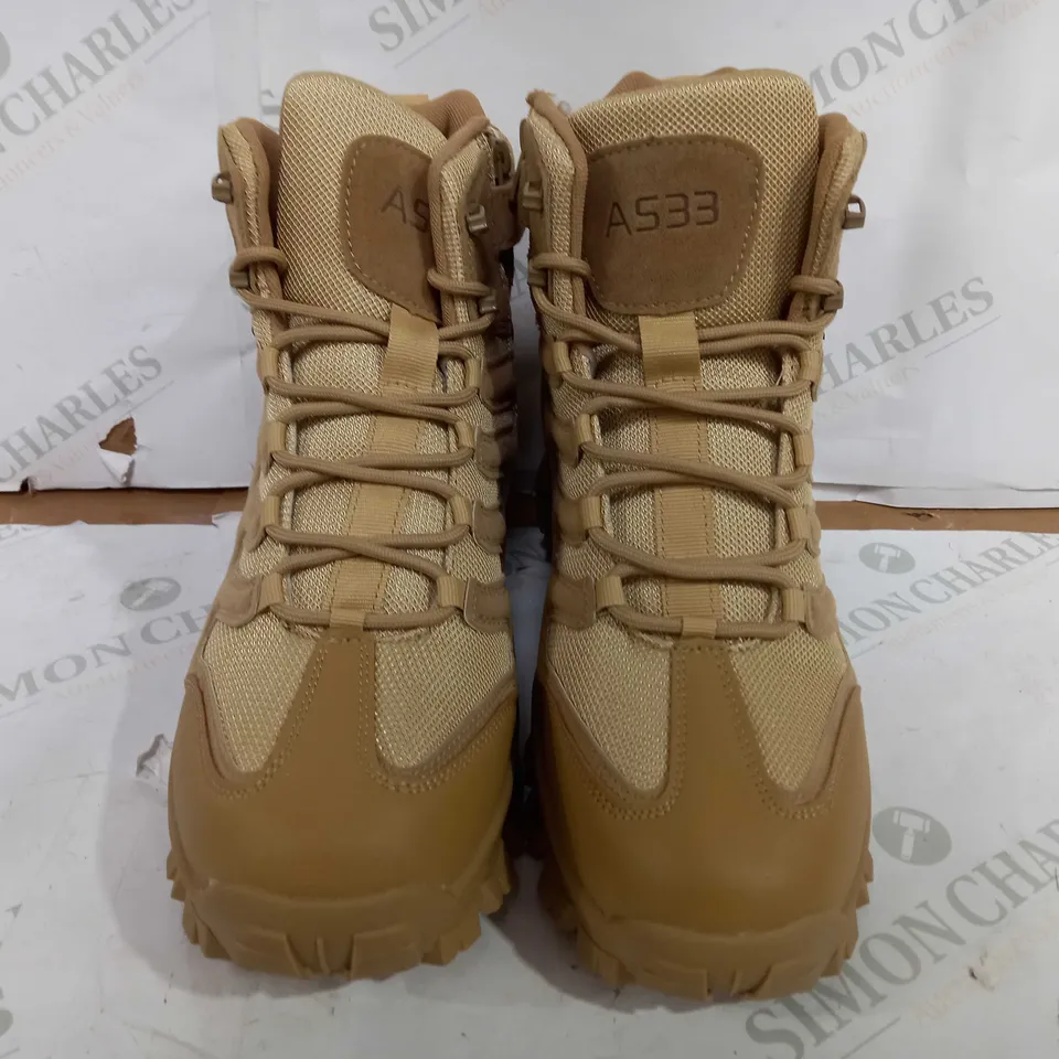 BOXED PAIR OF DESIGNER USA AS33 TACTICAL LACE BOOTS IN TAN - SIZE UNSPECIFIED