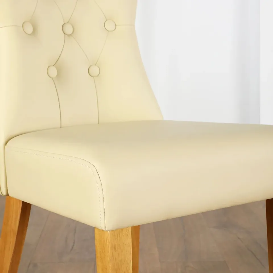 BOXED BEWLEY DINING CHAIR, IVORY PREMIUM FAUX LEATHER & NATURAL OAK FINISHED SOLID HARDWOOD (1 BOX)