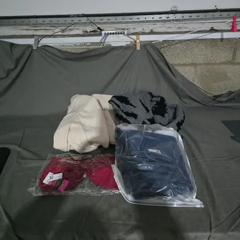 BOX OF APPROIXMATELY 15 ASSORTED CLOTHING ITEMS TO INCLUDE JACKET, JEANS, BRA, KNITTED JUMPER ETC