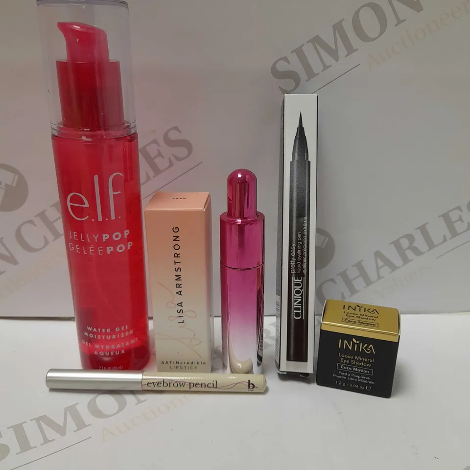 LOT OF APPROX 6 ASSORTED BEAUTY PRODUCTS TO INCLUDE E.L.F WATER GEL MOISTURISER 80ML, LISA ARMSTRONG SATIN LIPSTICK - FRAN, CLINIQUE LIQUID EYELINING PEN - BLACK, ETC