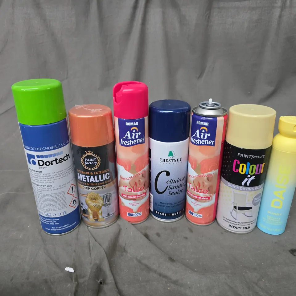 APPROXIMATELY 15 ASSORTED AEROSOLS TO INCLUDE DORTECH DIRECT UPVC CLEANER, PAINT FACTORY METALLIC DEEP COPPER, ROMAR AIR FRESHENER, ETC - COLLECTION ONLY