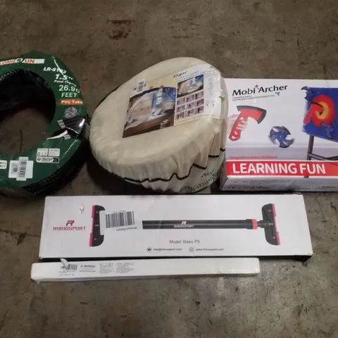 PALLET CONTAINING ASSORTED PRODUCTS INCLUDING MOSQUITO NET, MOBIARCHER COMPETITIVE SPORTS TOYS, PULL UP BAR, POOL TUBING & CAR WINDOW TINT FILM 