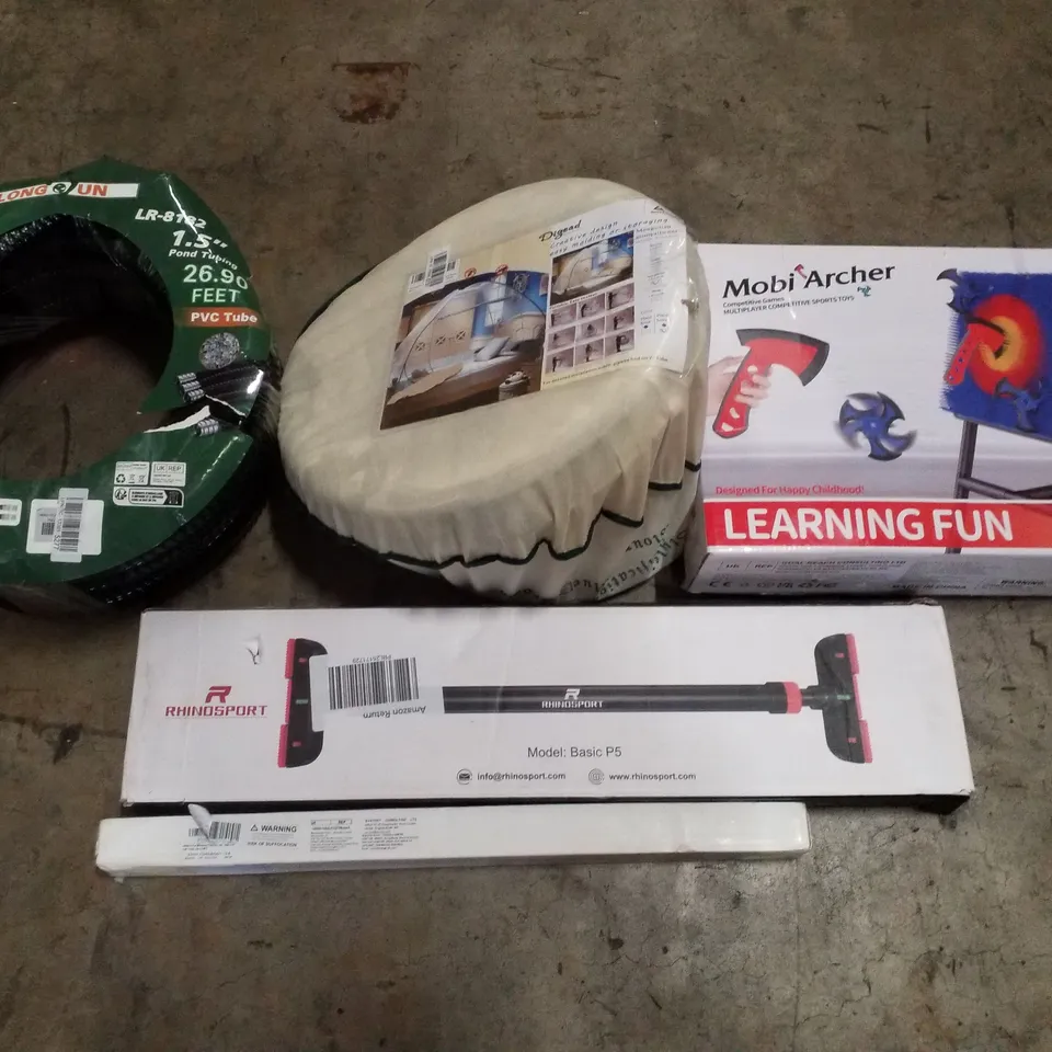 PALLET CONTAINING ASSORTED PRODUCTS INCLUDING MOSQUITO NET, MOBIARCHER COMPETITIVE SPORTS TOYS, PULL UP BAR, POOL TUBING & CAR WINDOW TINT FILM 