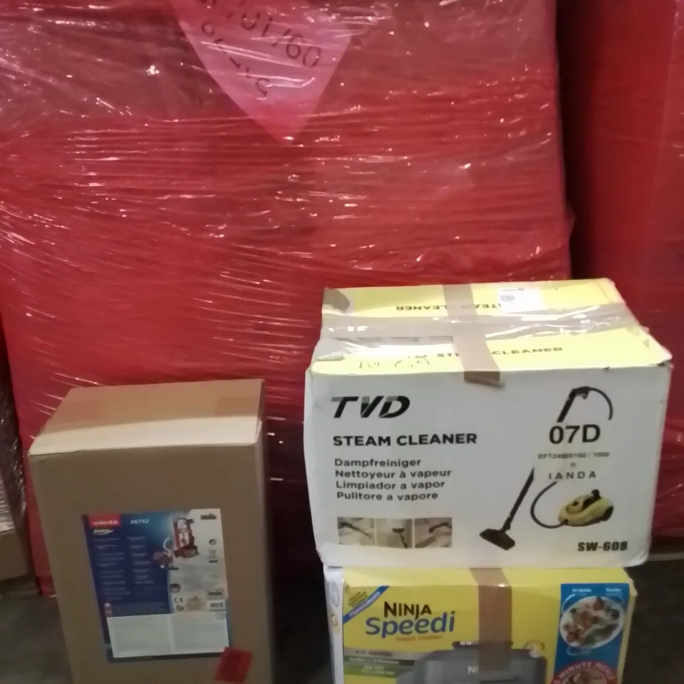 PALLET OF ASSORTED HOUSEHOLD GOODS AND PRODUCTS TO INCLUDE;NINJA SPEEDING AIR FRYER,STEAM CLEANER,VILEDA JUNIOR SET