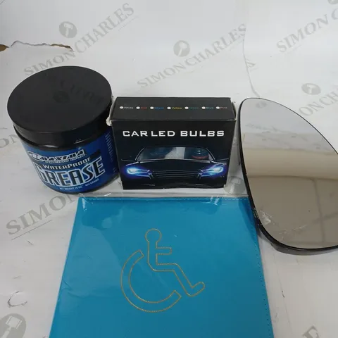 BOX OF ASSORTED CAR ITEMS TO INCLUDE - GREASE - SIDE MIRROR - LED BLUE BULBS / COLLECTION ONLY