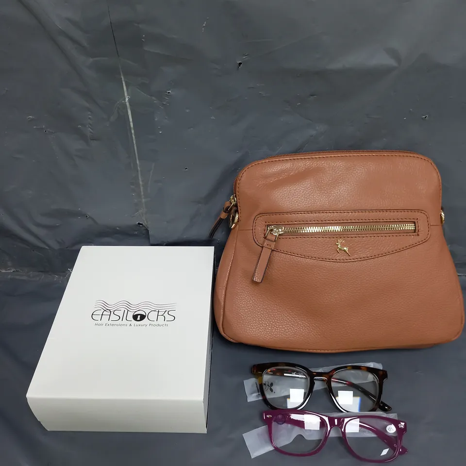 APPROXIMATELY 10 HOUSEHOLD ITEMS TO INCLUDE HAIR EXTENSIONS, HANDBAG AND READING GLASSES
