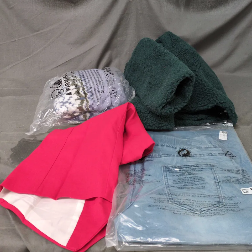 BOX OF APPROXIMATELY 15 ASSORTED CLOTHING ITEMS TO INCLUDE XMAS JUMPER, RED WAISTCOAT, JEANS, GREEN FLEECE JACKET ETC