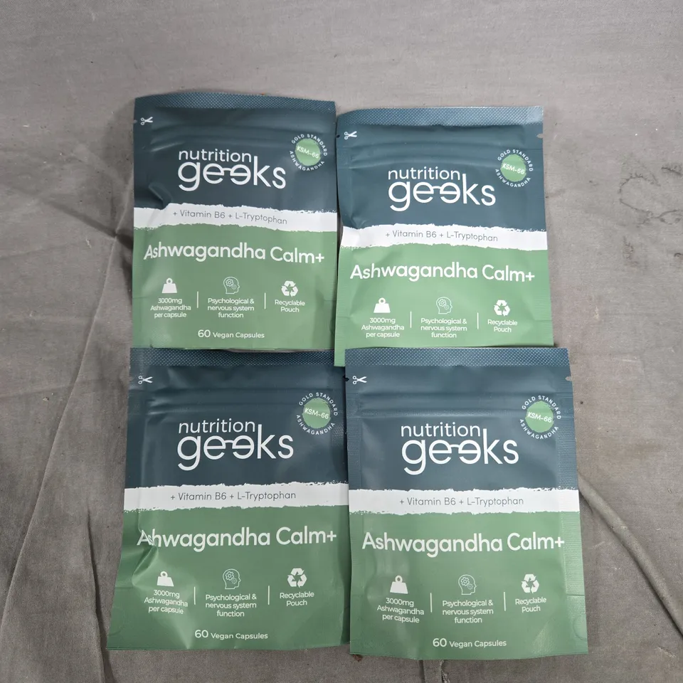 4 PACKS OF NUTRITION GEEKS ASHWAGANDHA CALM+ PACKS (EACH PACK CONTAINS 60 VEGAN CAPSULES)