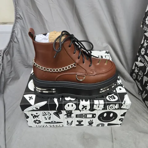 BOXED PAIR OF KOI THE SILENCE PLATFORM GRUNGE BOOTS IN BROWN - UK 3