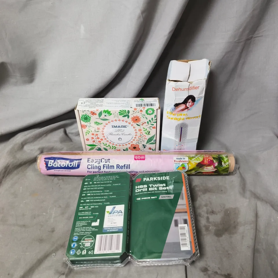 APPROXIMATELY 15 ASSORTED HOUSEHOLD ITEMS TO INCLUDE HSS TWIST DRILL BIT SET, DEHUMIDIFIER AND EASY CUT CLING FILM