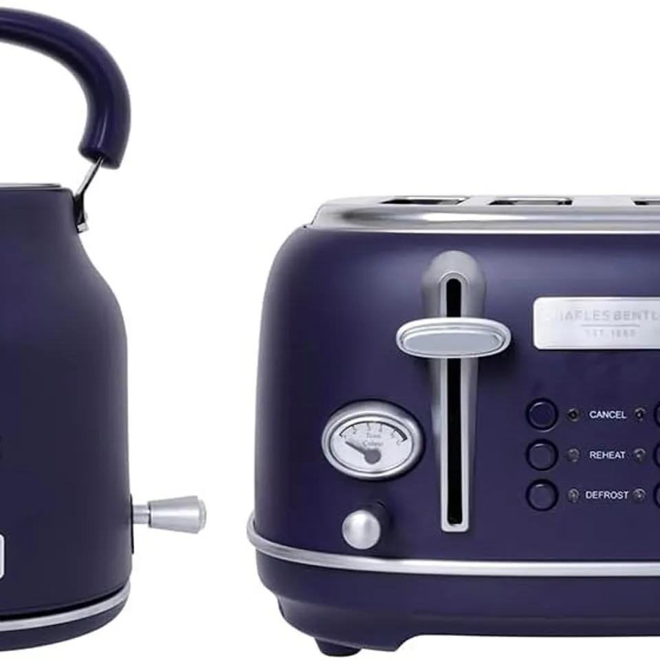 BOXED CHARLES BENTLEY 3KW 1.7L RETRO KETTLE & TOASTER SET - BLUE/SILVER (1 BOX)