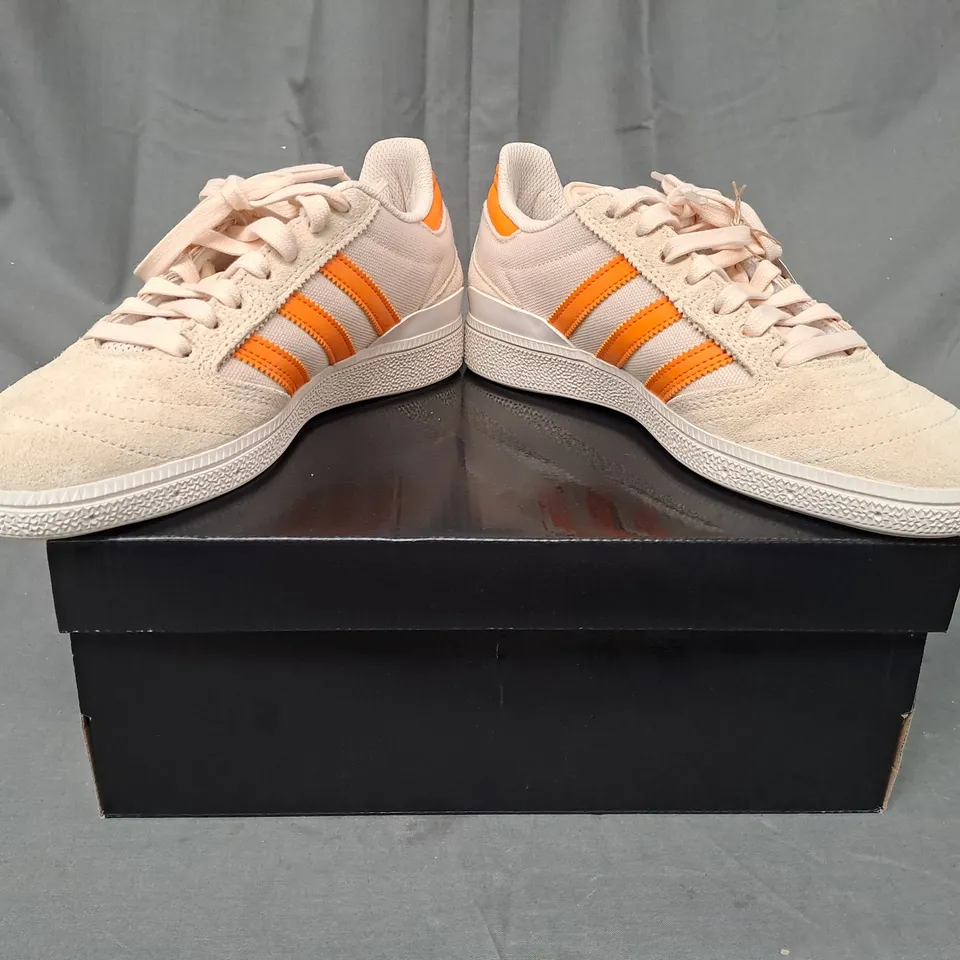 BOXED PAIR OF ADIDAS BUSENITZ SHOES IN SAND/ORANGE UK SIZE 6