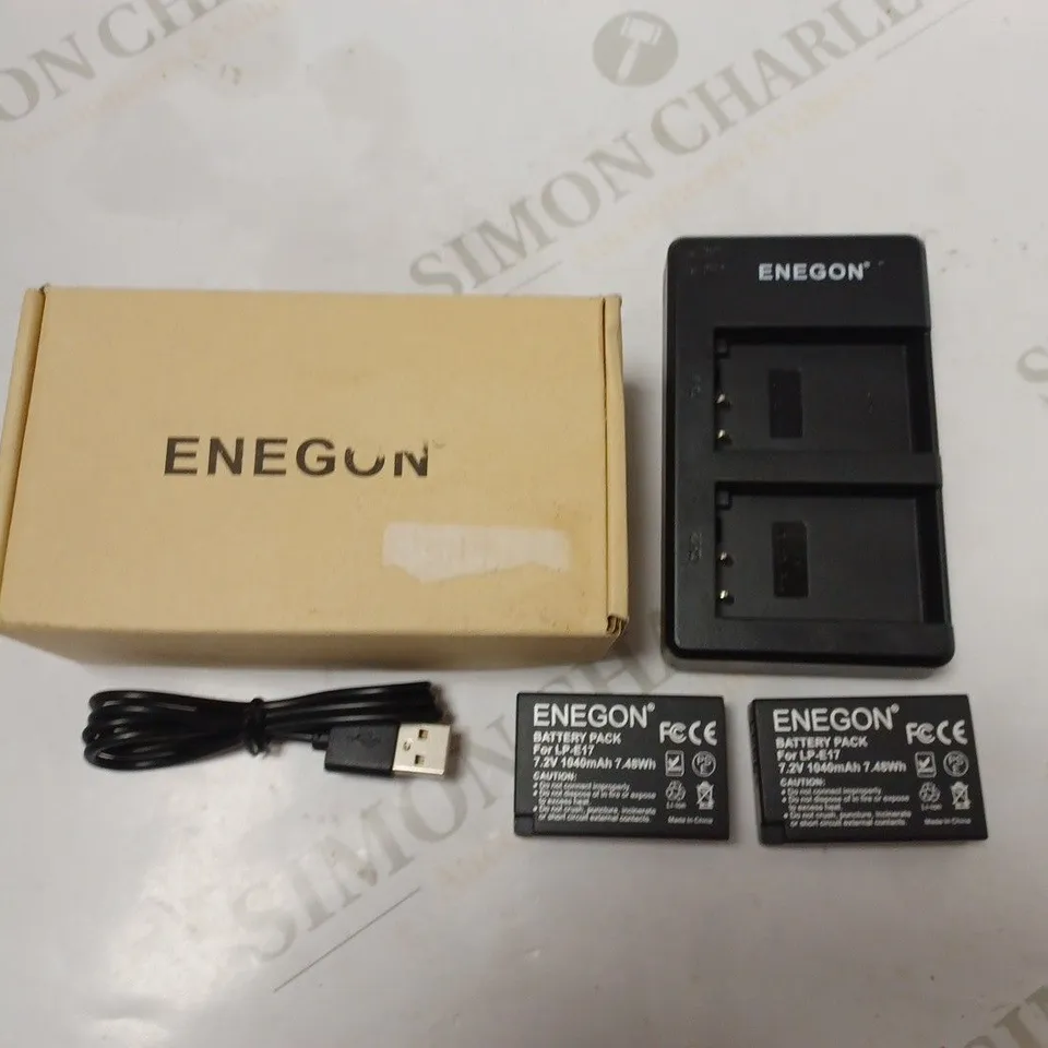 BOXED ENEGON USB BATTERY CHARGER FOR LP-E17 PLUS TWO BATTERY PACKS - BLACK