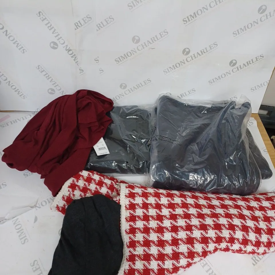 LARGE BOX OF ASSORTED CLOTHING ITEMS IN VARIOUS COLOURS AND SIZES INCLUDING TROUSERS , TOPS AND JUMPERS 