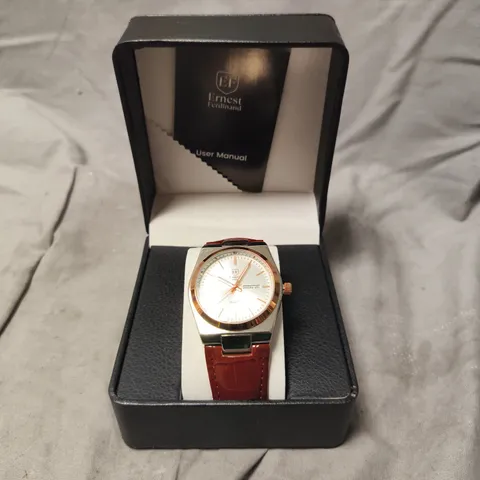 ERNEST FERDINAND WATCH – DAY DATE CALENDAR DIAL – BROWN LEATHER STRAP – 3ATM WATER RESISTANT