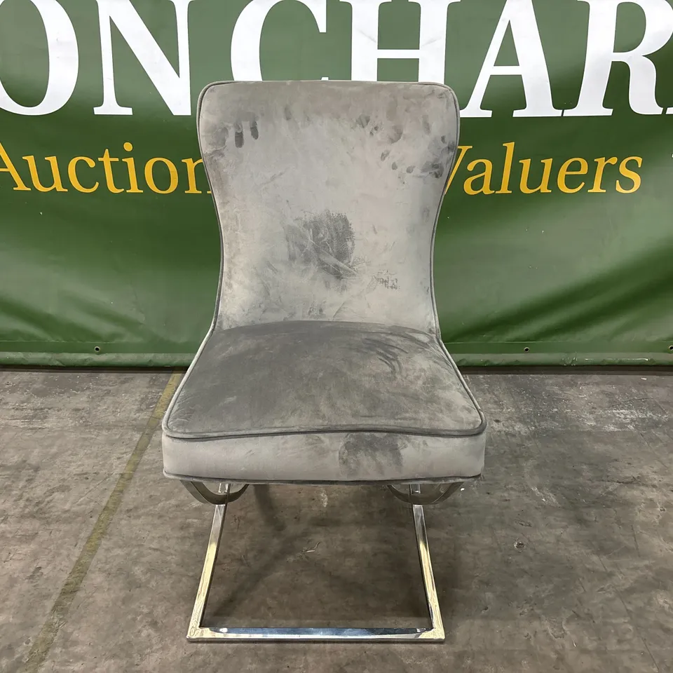 DESIGNER GREY VELVET CHAIR WITH CHROME METAL LEGS