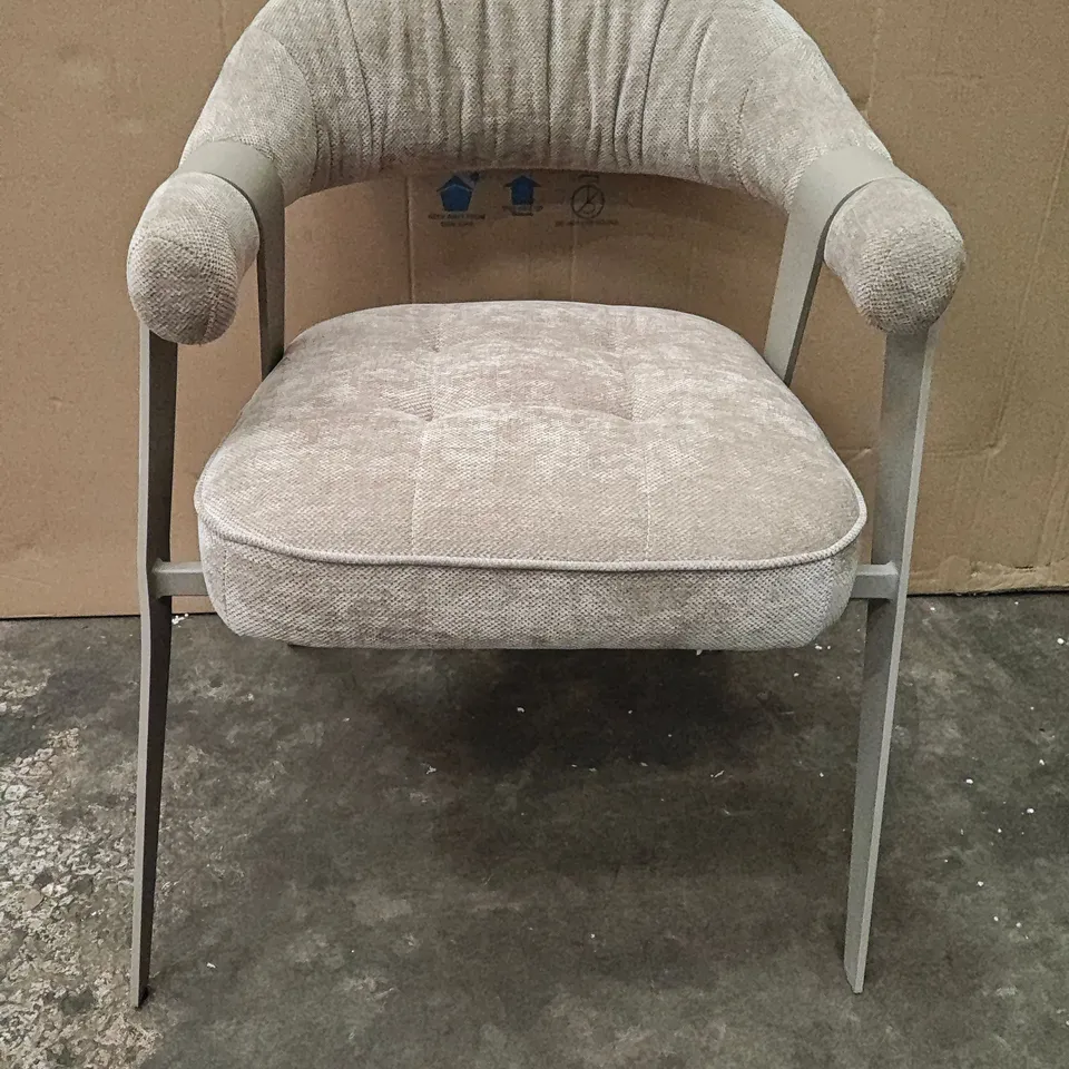 DESIGNER NATURAL FABRIC DINING CHAIR WITH METAL WRAP AROUND ARMS