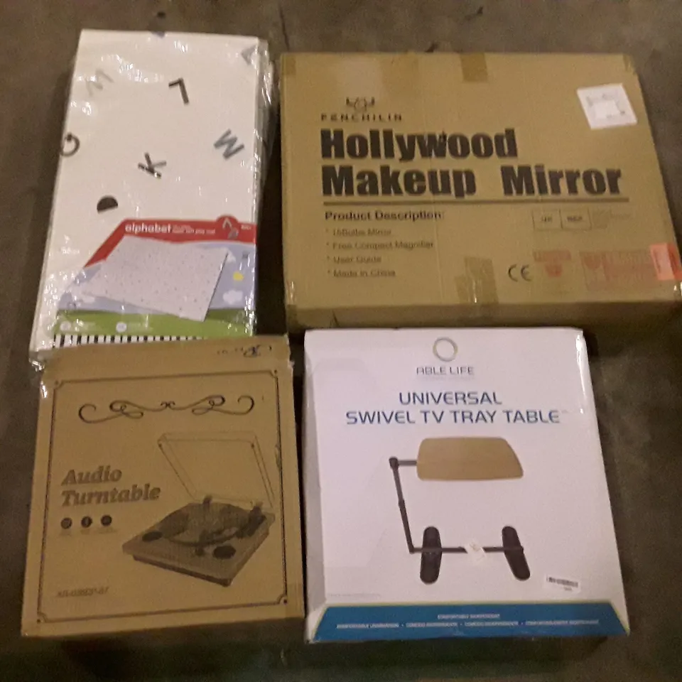 PALLET OF ASSORTED PRODUCTS INCLUDING HOLLYWOOD MAKEUP MIRROR, UNIVERSAL SWIVEL TV TRAY TABLE, AUDIO TURNTABLE, ALPHABET SUPER SOFT PLAY MAT 