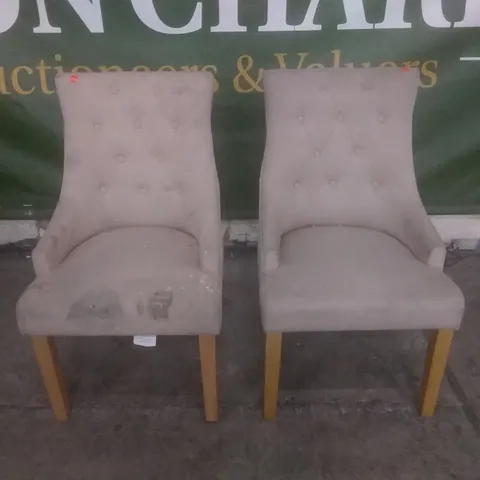 SET OF 2 NEW DUKE OATMEAL FABRIC BUTTON BACK DINING CHAIRS (OAK LEG)