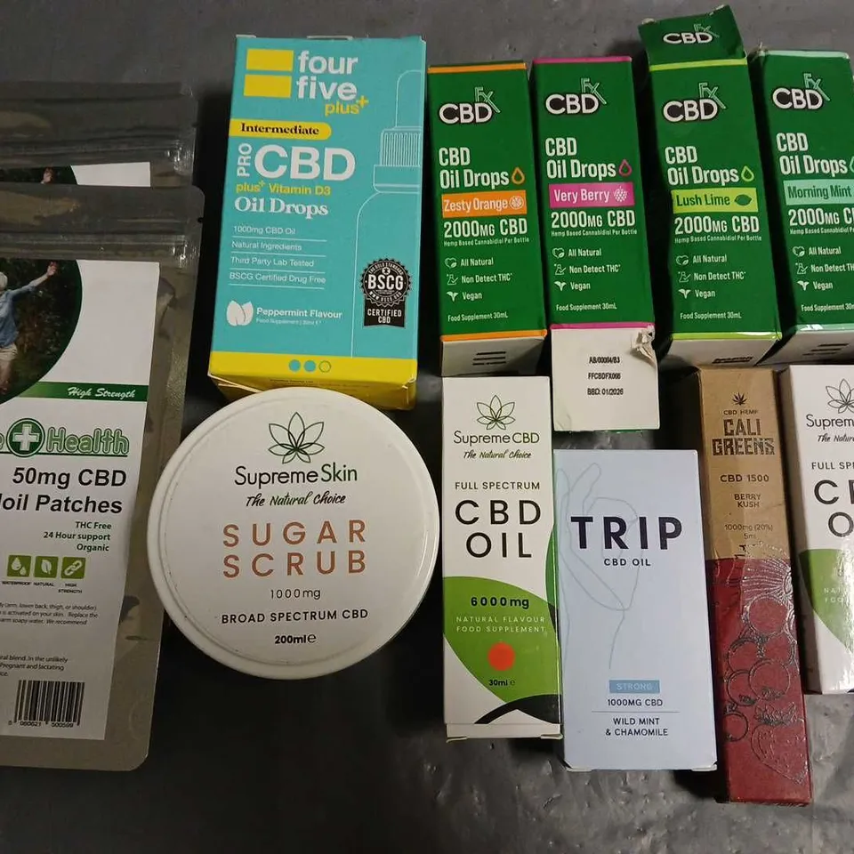 LOT OF APPROXIMATELY 22 ASSORTED CBD ITEMS TO INCLUDE OIL DROPS, PATCHES AND SUGAR SCRUB