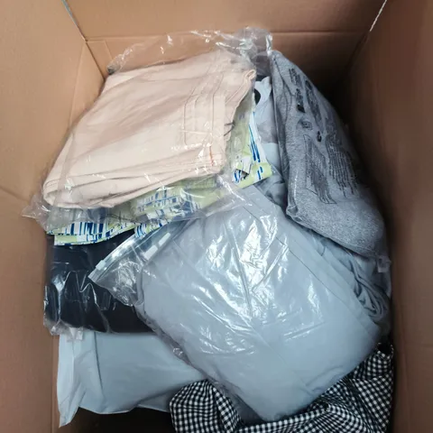 LARGE BOX OF APPROXIMATELY 25 ASSORTED CLOTHING ITEMS IN VARIOUS COLOURS, STYLES AND SIZES - COLLECTION ONLY