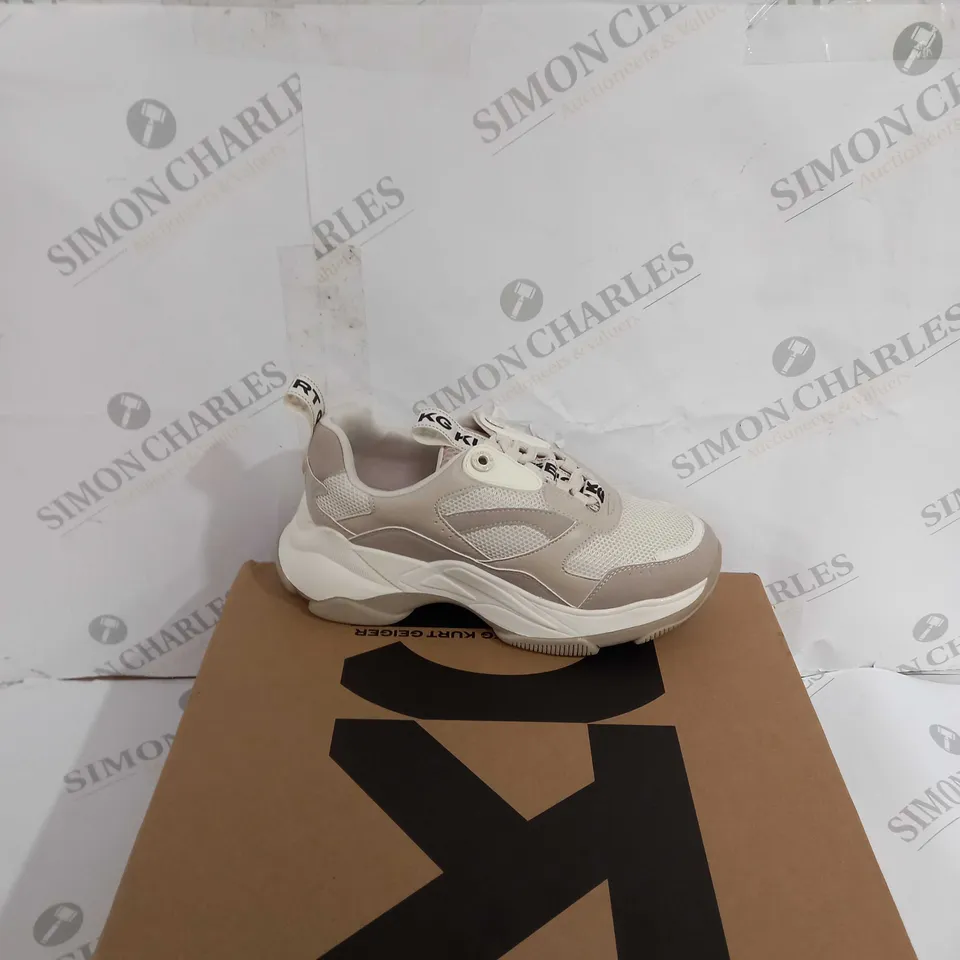 BOXED PAIR OF KURT GEIGER LILA LACE UP BONE/COMB SNEAKERS SIZE 36