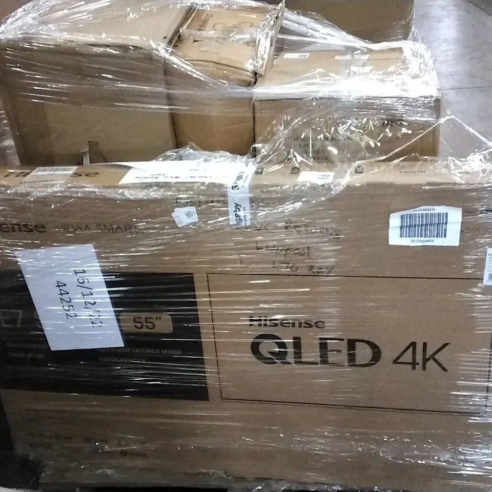 PALLET OF ASSORTED ITEMS INCLUDING HISENSE QLED 4K 55" TV, DAVINA MCCALL FOLDING MAGNETIC BIKE