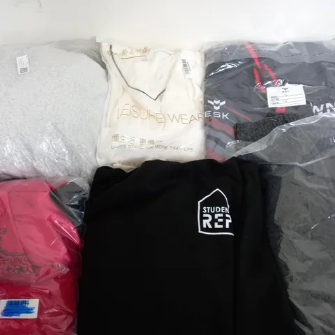 LARGE BOX OF ASSORTED CLOTHING ITEMS IN VARIOUS COLOURS AND SIZES INCLUDING TROUSERS , TOPS AND JUMPERS 