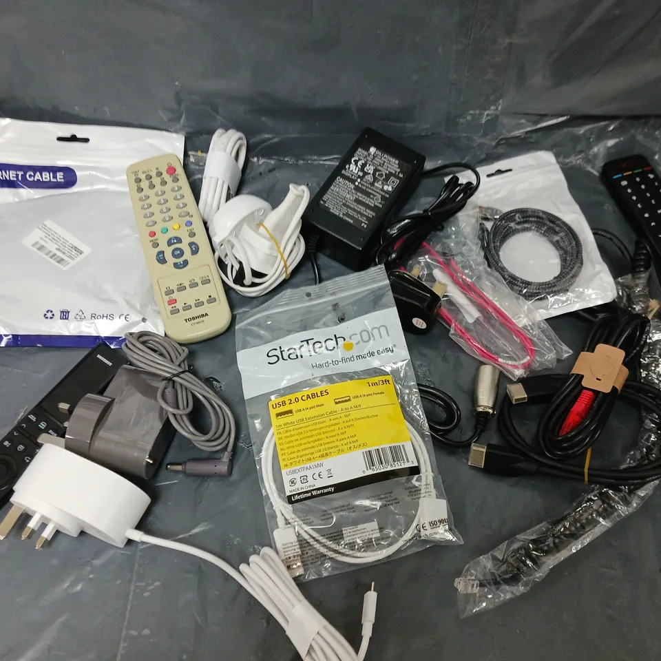 BOX OF APPROXIMATELY 8 ASSORTED ITEMS TO INCLUDE - ETHERNET CABLE, REMOTES, AND USB 2.0 CABLES ETC. 