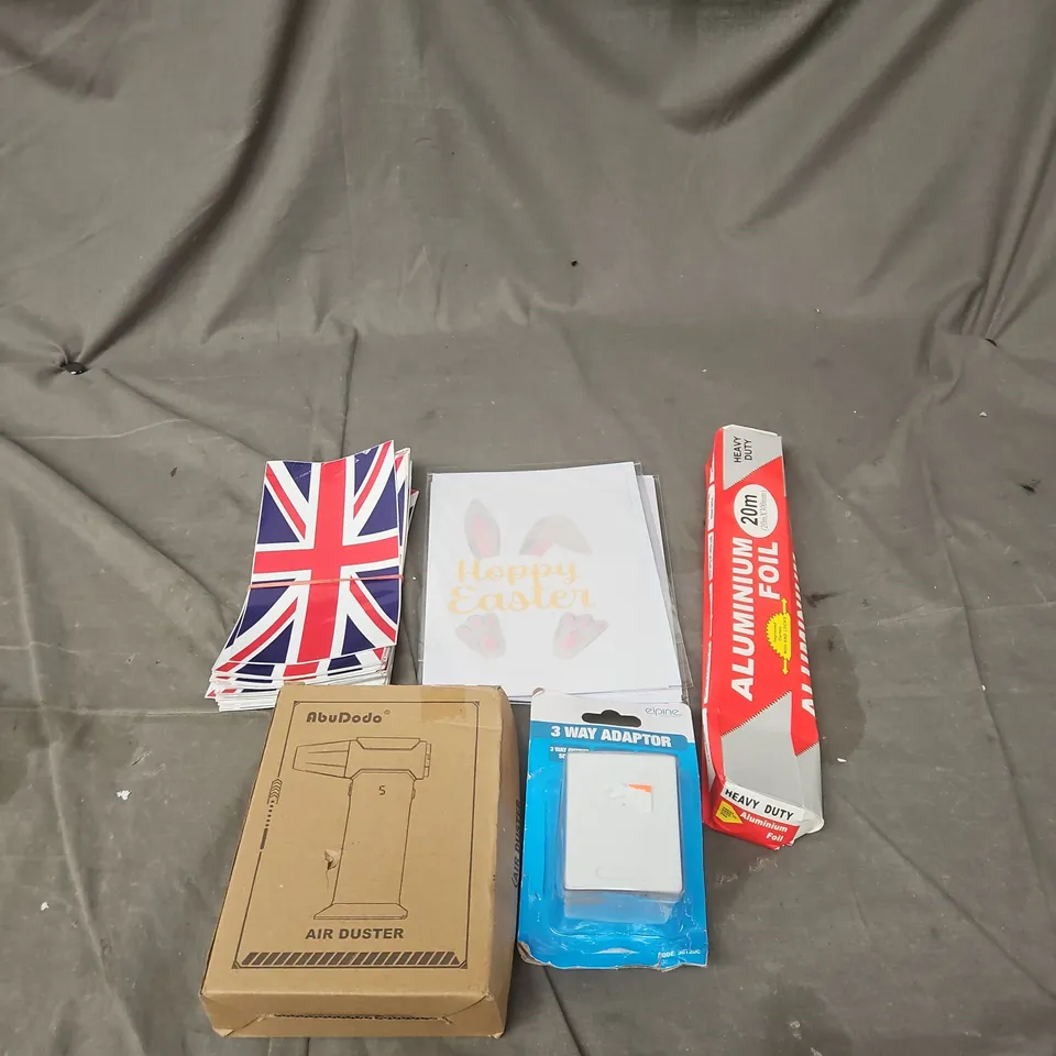 APPROXIMATELY 30 ASSORTED ITEMS TO INCLUDE ASSORTED GREETING CARDS, UK FLAG SIGNS, FOIL, ADAPTER, AIR DUSTER ETC