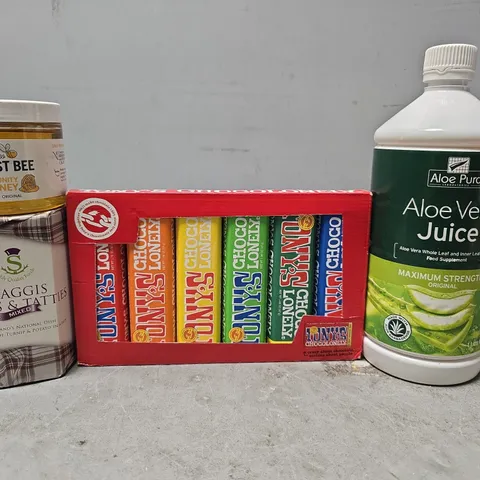 APPROXIMATELY 9 ASSORTED FOOD & DRINK ITEMS TO INCLUDE - TONY'S CHOCOLONELY , JUST BEE HONEY ETC