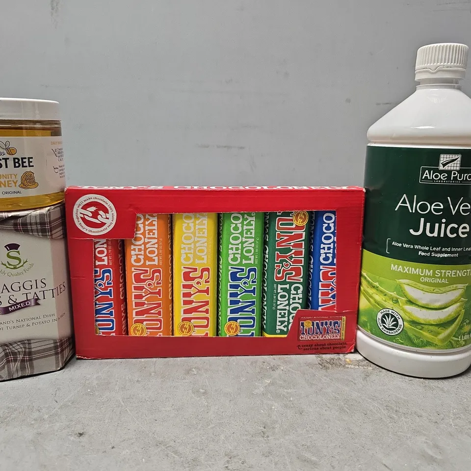 APPROXIMATELY 9 ASSORTED FOOD & DRINK ITEMS TO INCLUDE - TONY'S CHOCOLONELY , JUST BEE HONEY ETC