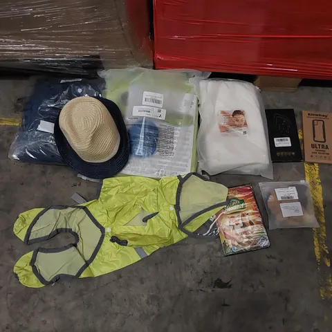 PALLET OF ASSORTED ITEMS INCLUDING: DOG POOL, HAT, CLOTHING, DOG JACKET, DVD, DISPOSABLE BED SHEETS, PHONE CASE, PHONE SCREEN PROTECTOR, BALLOONS
