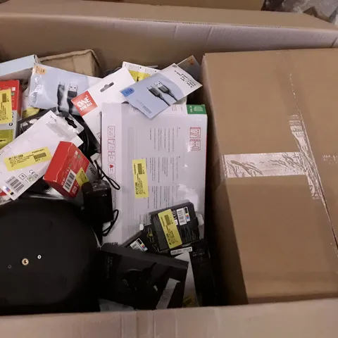 BOX OF ASSORTED ELECTRONIC PRODUCTS INCLUDING TV WALL MOUNT, UNIVERSAL REMOTE, EAR BUDS, LED LIGHT BAR