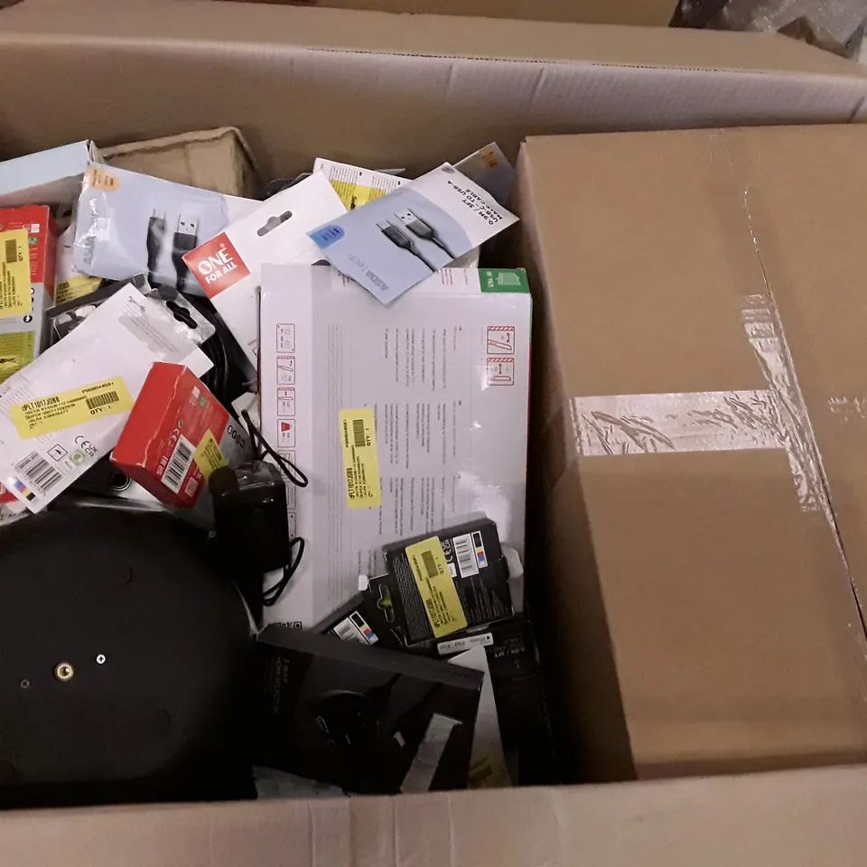 BOX OF ASSORTED ELECTRONIC PRODUCTS INCLUDING TV WALL MOUNT, UNIVERSAL REMOTE, EAR BUDS, LED LIGHT BAR