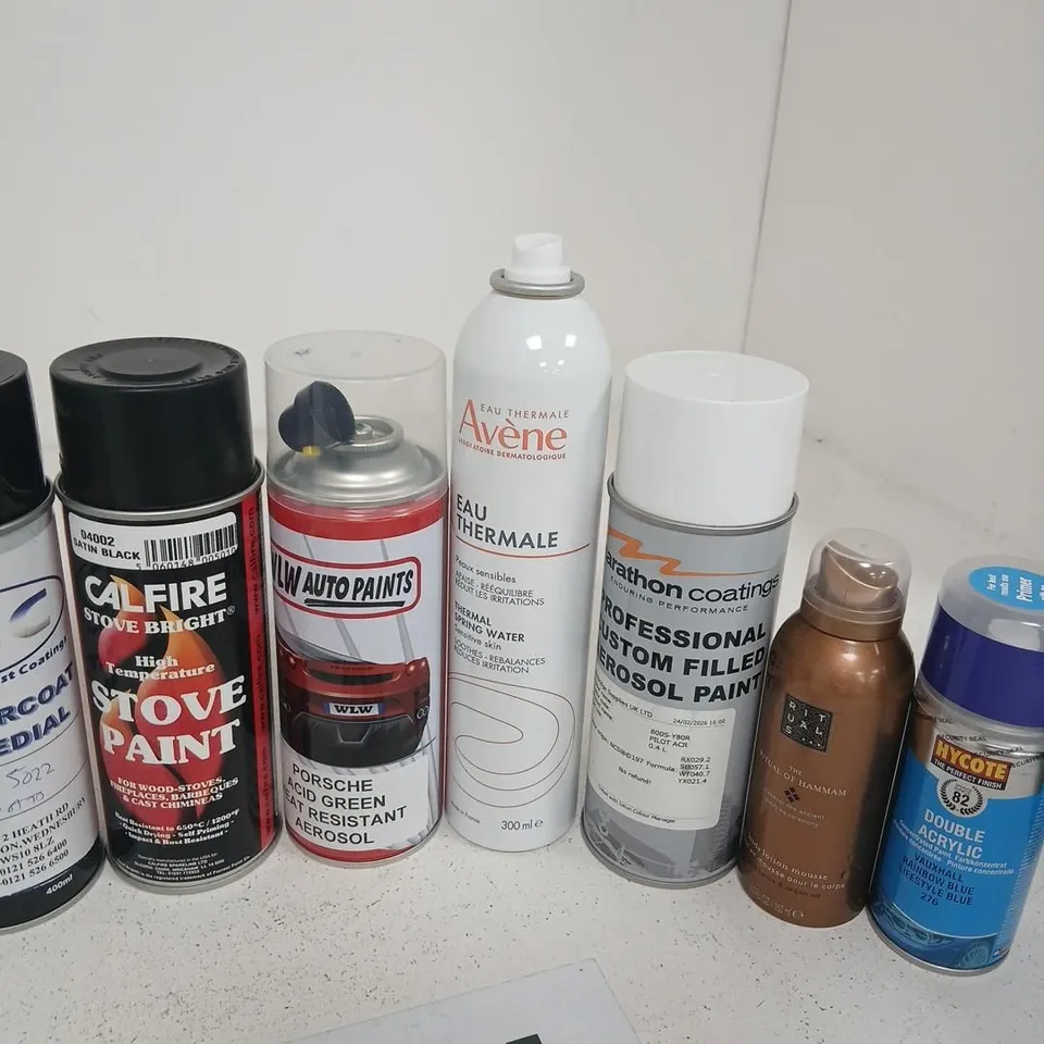 APPROXIMATELY 19 ASSORTED AEROSOL SPRAYS TO INCLUDE; ASSORTED AEROSOL SPRAYS – PAINTS, COATINGS & COSMETICS (MIXED LOT) INCLUDING CALFIRE, MARATHON, HYCOTE, DOVE, AVÈNE