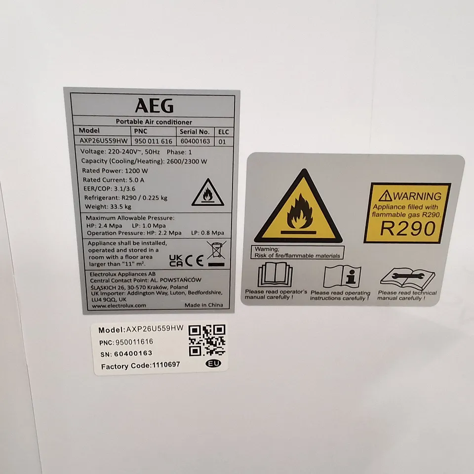 UNBOXED AEG PORTABLE AIR CONDITIONER – MODEL AXP26U559HW (1200 W) – WHITE