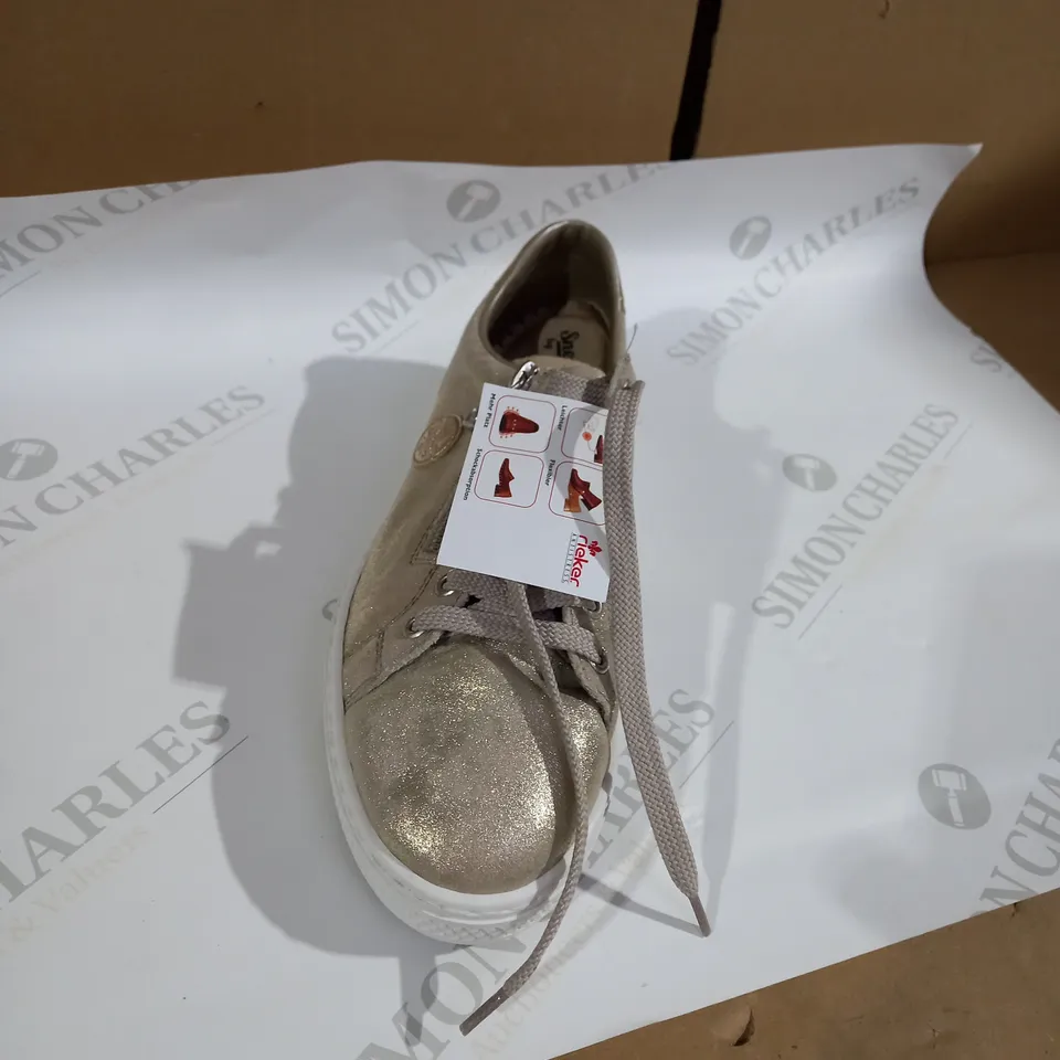 BOXED PAIR OF RIEKER GOLD METALLIC TRAINERS - SIZE 6.5