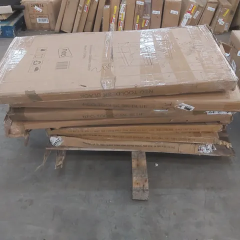 PALLET OF ASSORTED NEO COFFEE TABLE PARTS AND NEO TOOL DESKS