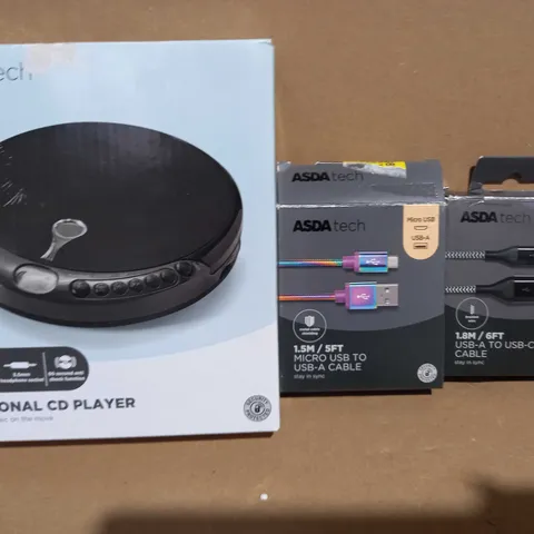 BOX OF APPROXIMATELY 10 ASSORTED ELECTRICAL ITEMS TO INCLUDE ASDA TECH PERSONAL CD PLAYER, ASDA TECH MICRO USB TO USB-A CABLE, ASDA TECH USB-A TO USB-C CABLE, ETC