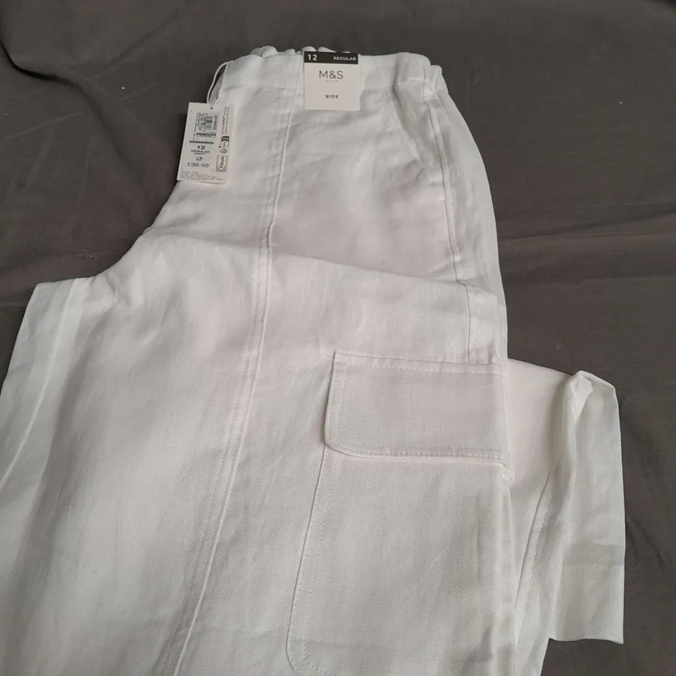 M&S WHITE WIDE LEG EASY IRON LINEN - SIZE 12