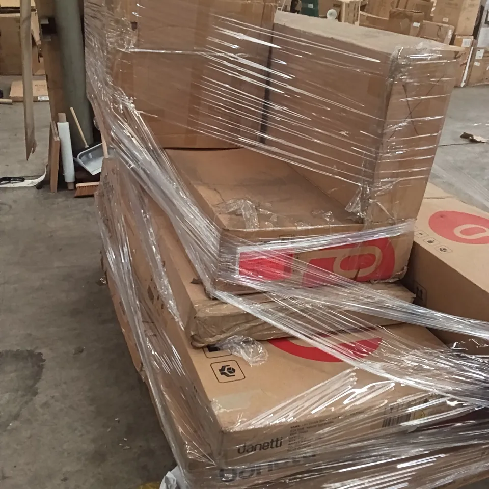 PALLET OF ASSORTED INCOMPLETE FURNITURE PARTS INCLUDING, SUPER KING SIZE BED, DOUBLE SIZE BED, DINING BENCH